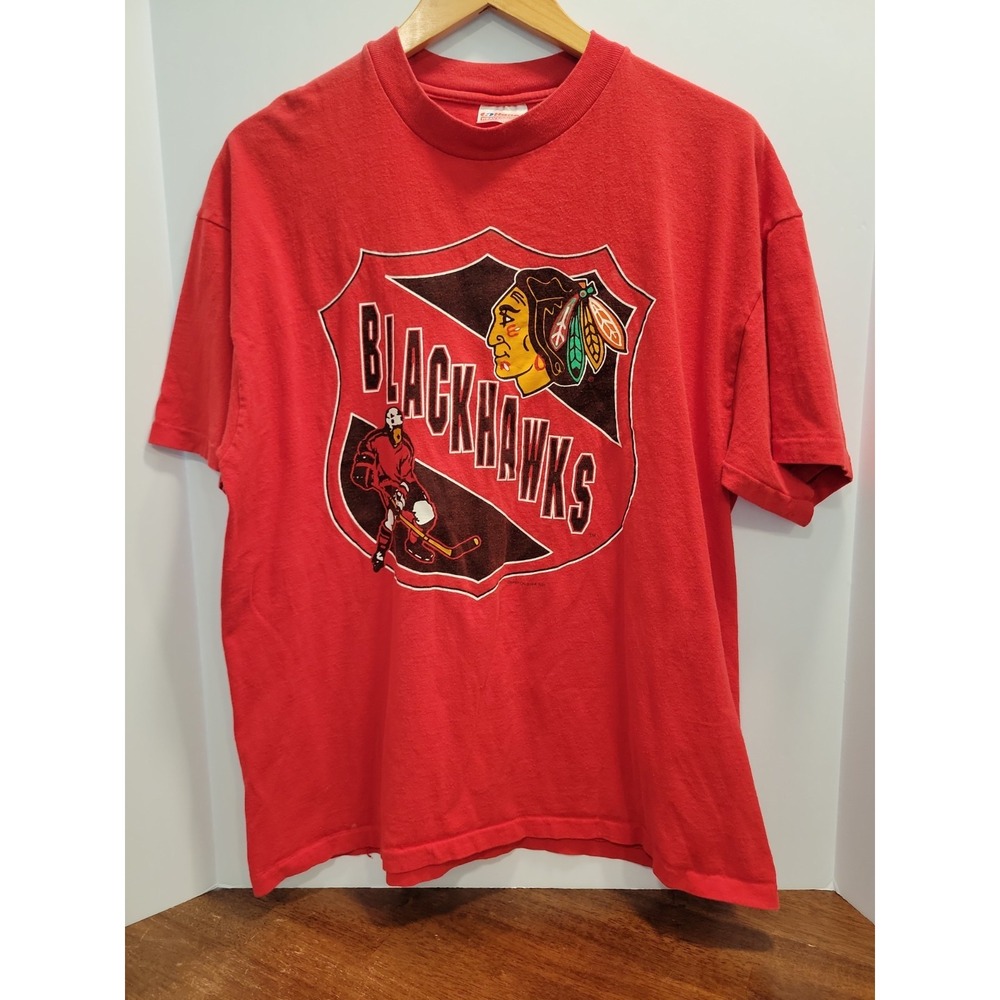 Vintage Chicago Blackhawks Hanes Heavy 1991 NHL T-shirt Size XL Single Stitch